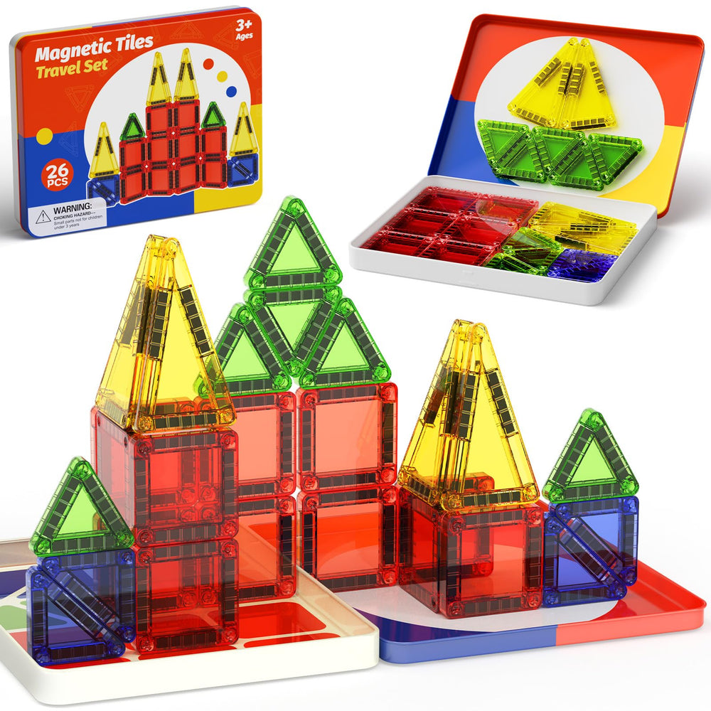 WMXDU mini magnetic tiles in iron case for portable STEM play on the go.