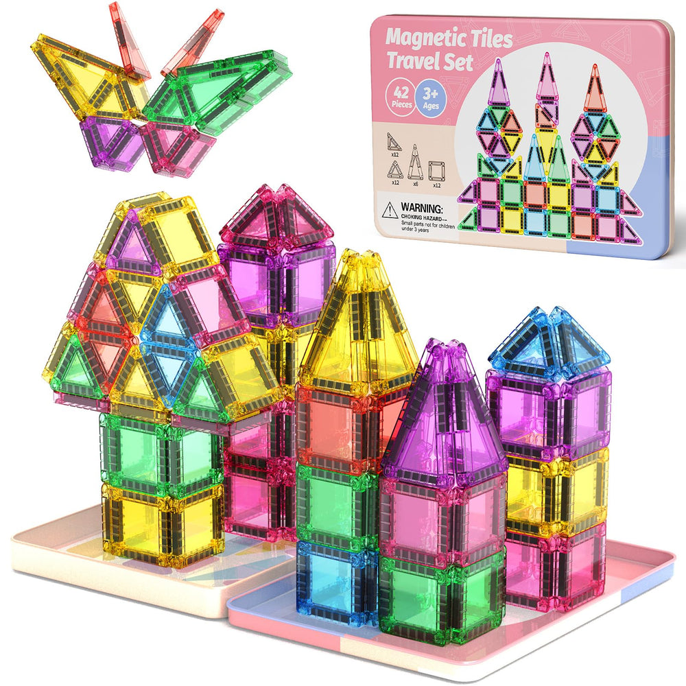 WMXDU mini magnetic tiles with travel case on a colorful play surface.