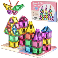 WMXDU mini magnetic tiles with travel case on a colorful play surface.