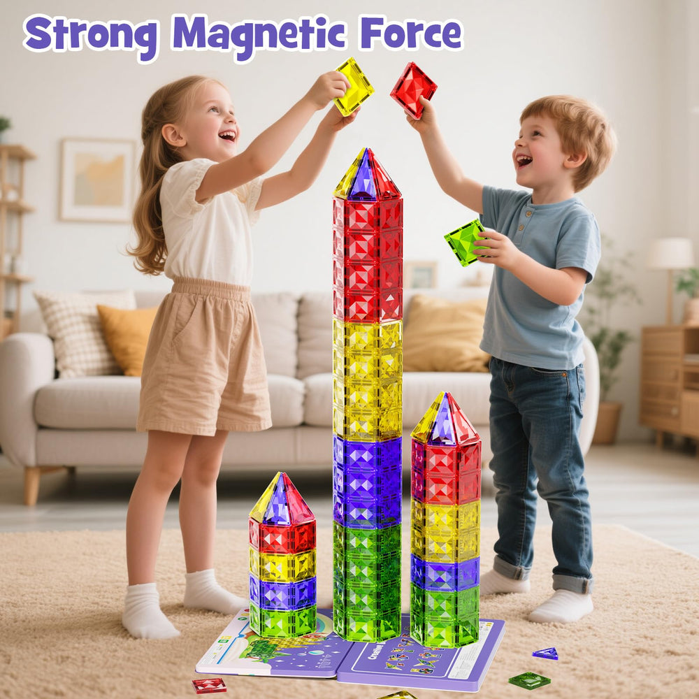 Kids build colorful structures with WMXDU magnetic tiles for tactile problem solving