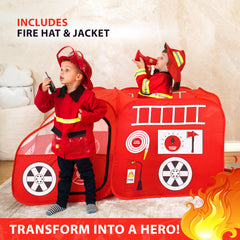 W&O Fire Truck Play Tent firefighter jacket adds immersive costume detail.