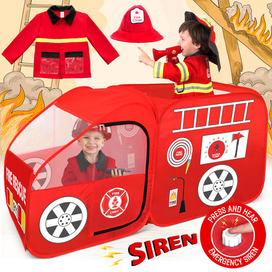 W&O Fire Truck Play Tent with Siren Button sparks imaginative rescue play.