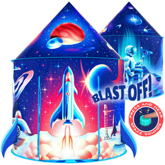 W&O Rocket Ship Play Tent with Blast Off Button delivers interactive space sounds for imaginative play.