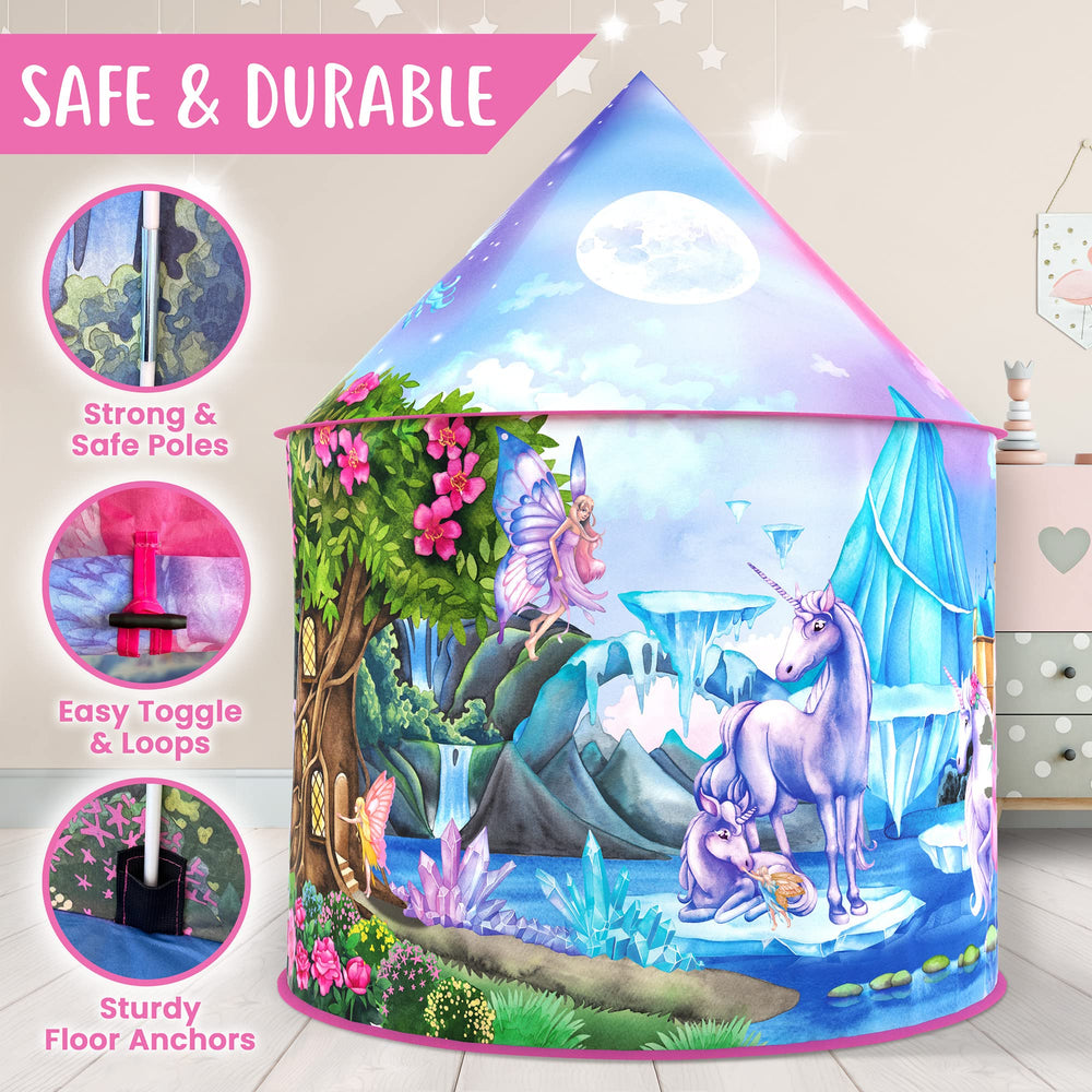 W&O Unicorn tent with durable fiberglass poles enables quick, safe pop-up.