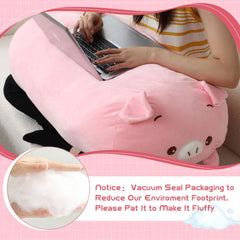 Woanger body pillow pig provides neck and back support during rest.