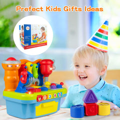 Woby workbench lights and music provide engaging sensory feedback during play.