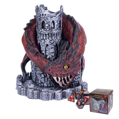 WodGod Red Dragon Castle Dice Tower on table, dramatic D&D centerpiece.