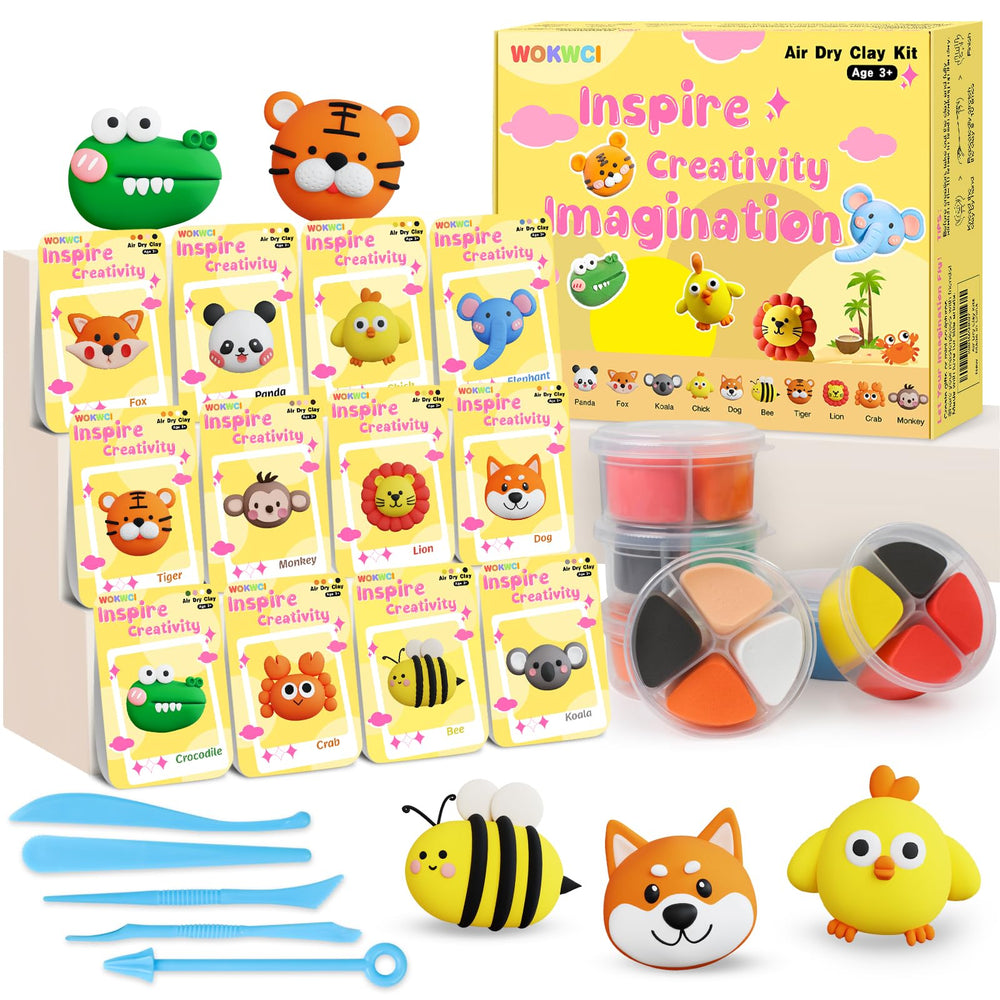 WOKWCI air-dry clay kit with 12 boxes for kid-friendly animal sculptures.