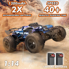 Womaqu RC car side view highlights 4WD performance on uneven terrain.