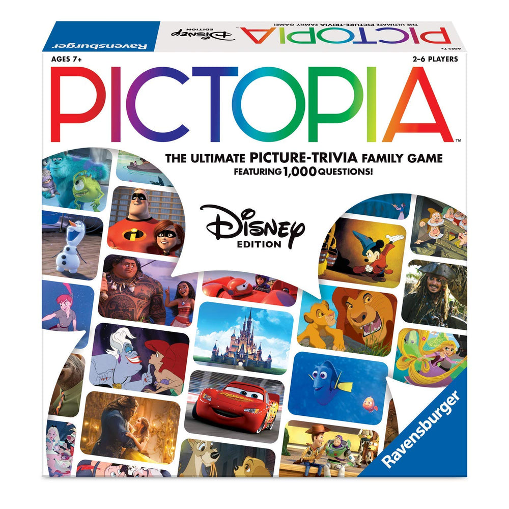 Wonder Forge Pictopia Disney Edition trivia cards spread on the table for a Disney quiz