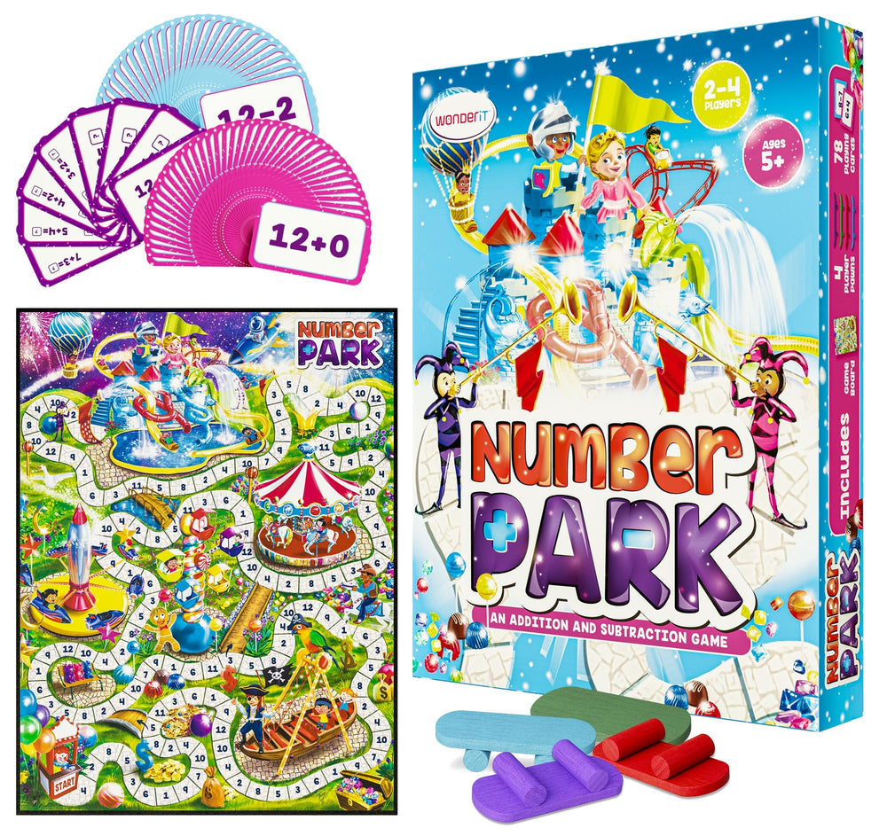 WONDER IT Number Park board game setup to practice addition in a fun environment.