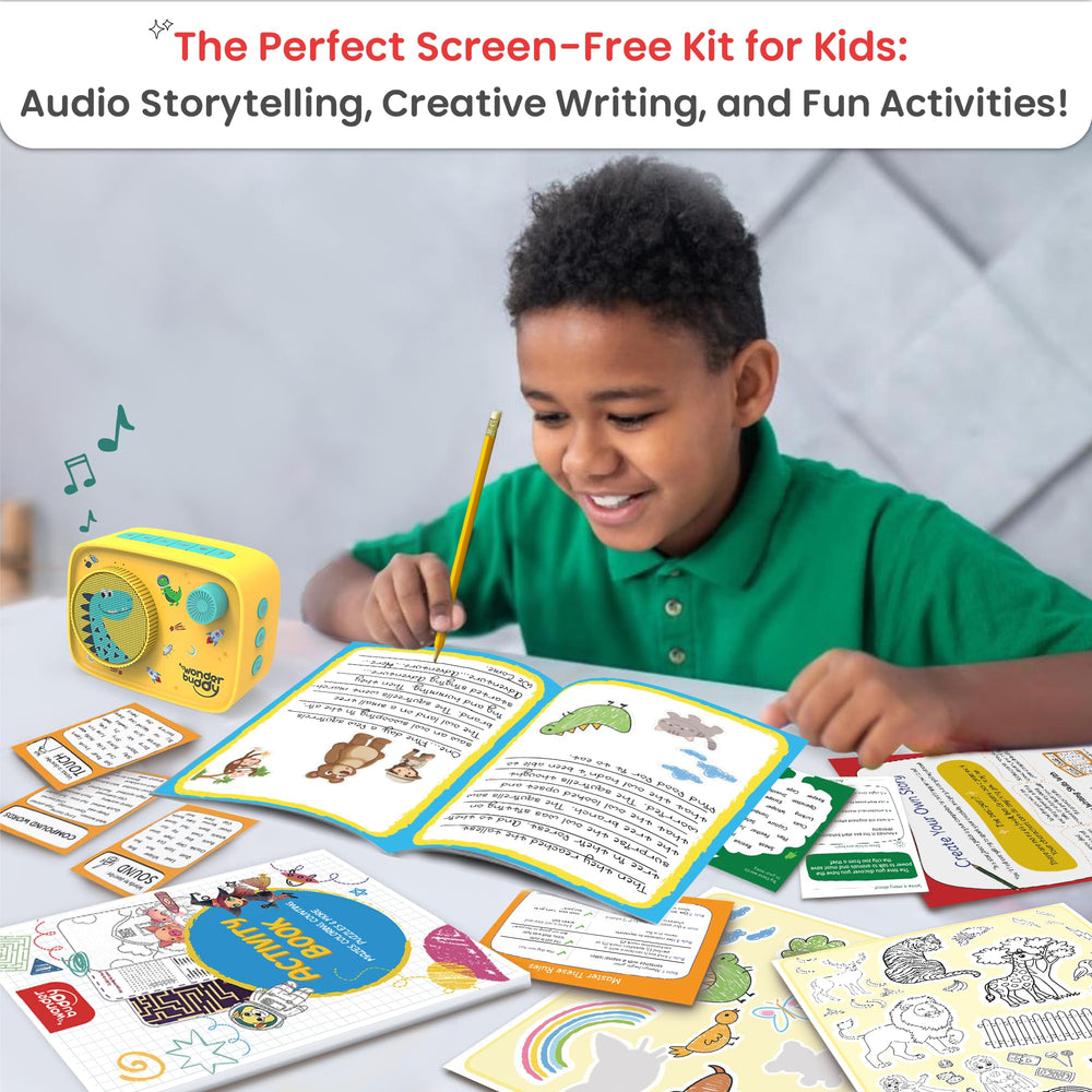WonderBuddy Activity Book inside features coloring, riddles, and language prompts.