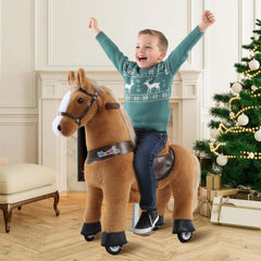 WondeRides ride-on horse front view shows plush fur and a sturdy frame for safe play