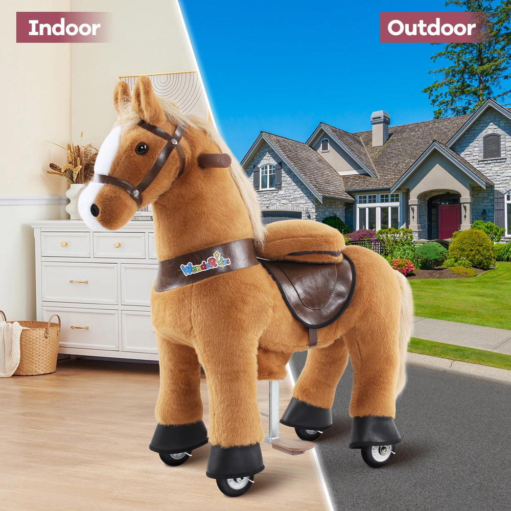 WondeRides ride-on horse handlebar closeup shows ergonomic steering for kids