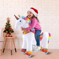 WondeRides ride-on unicorn side view highlights sturdy steel frame for safe play.
