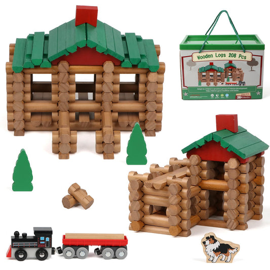 Wondertoys 208 Pcs Wooden Log Set cabin pieces for creative exploration and hands-on building fun.