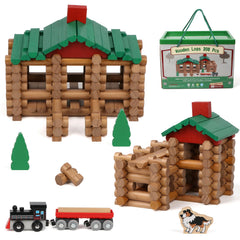 Wondertoys 208 Pcs Wooden Log Set cabin pieces for creative exploration and hands-on building fun.