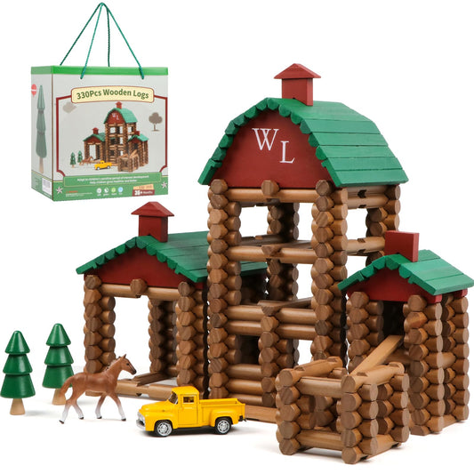 Wondertoys 330pcs wooden log cabin set with real wood pieces for imaginative building, promotes fine motor skills.