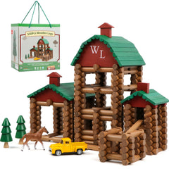 Wondertoys 330pcs wooden log cabin set with real wood pieces for imaginative building, promotes fine motor skills.