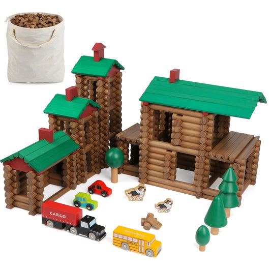 Wondertoys 456Pcs Big Villa wooden logs for building and imaginative play.