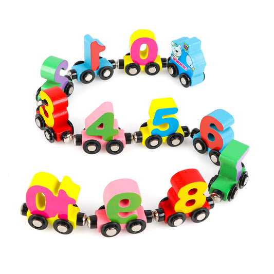 Wondertoys number train engine showing magnetic coupling for longer, easy-to-link cars