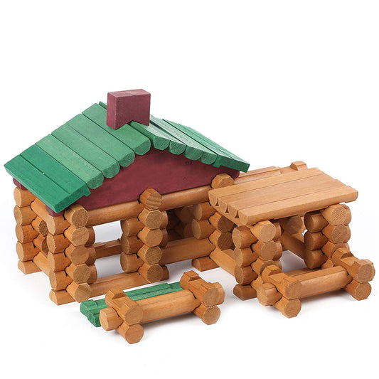 Wondertoys wood cabin logs set assembly showcases durable, connectable pieces for imaginative play.