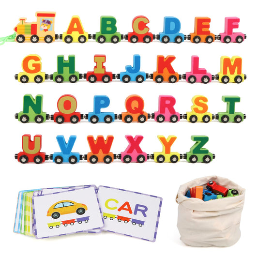 Wondertoys wooden alphabet train engine shows magnetic joints for expandable play