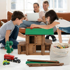 Wondertoys wooden car and figures invite interactive storytelling during builds.