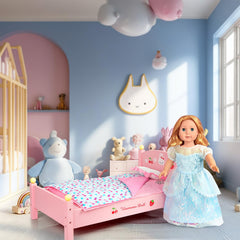 WONDOLL pink sheets with embroidered flowers enhance doll crib aesthetics.