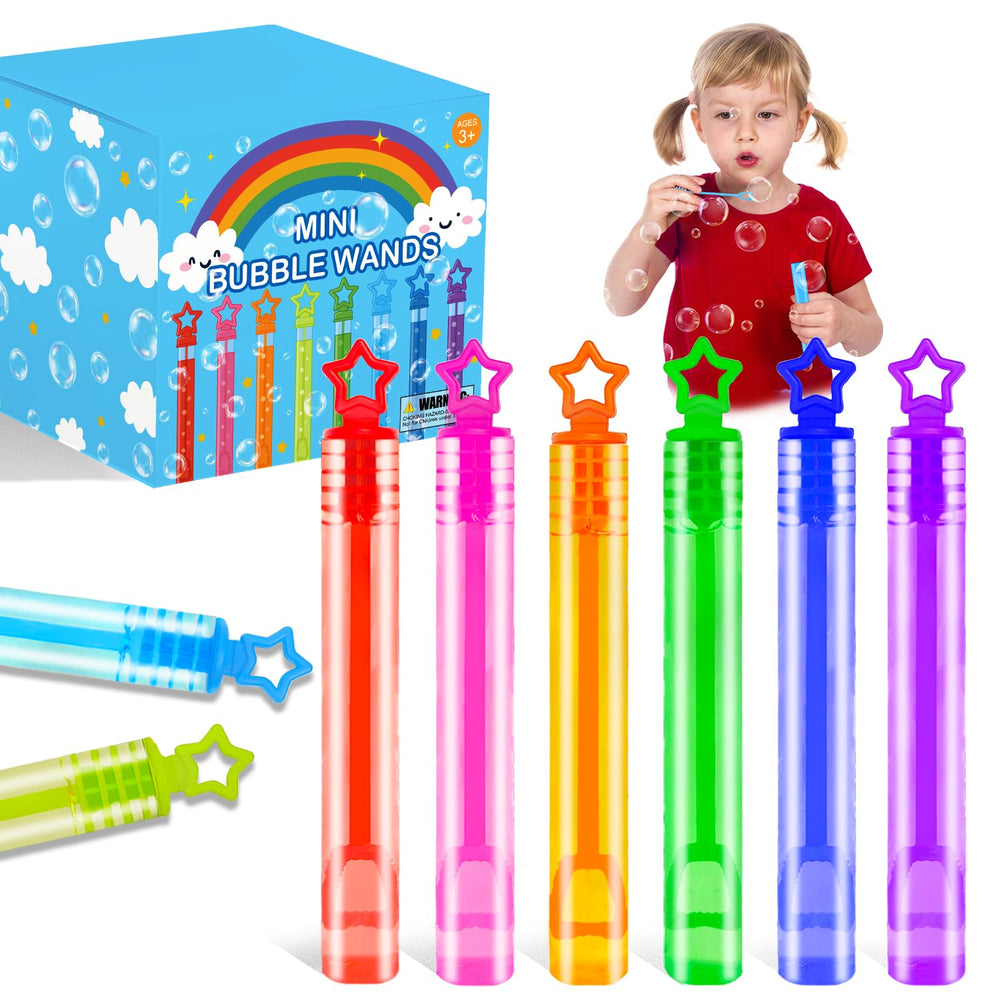Wondrus bulk mini bubble wands with star-shaped handles in neon rainbow colors for vivid play