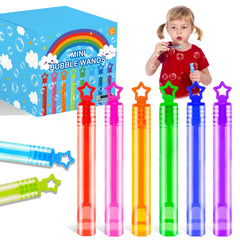 Wondrus bulk mini bubble wands with star-shaped handles in neon rainbow colors for vivid play