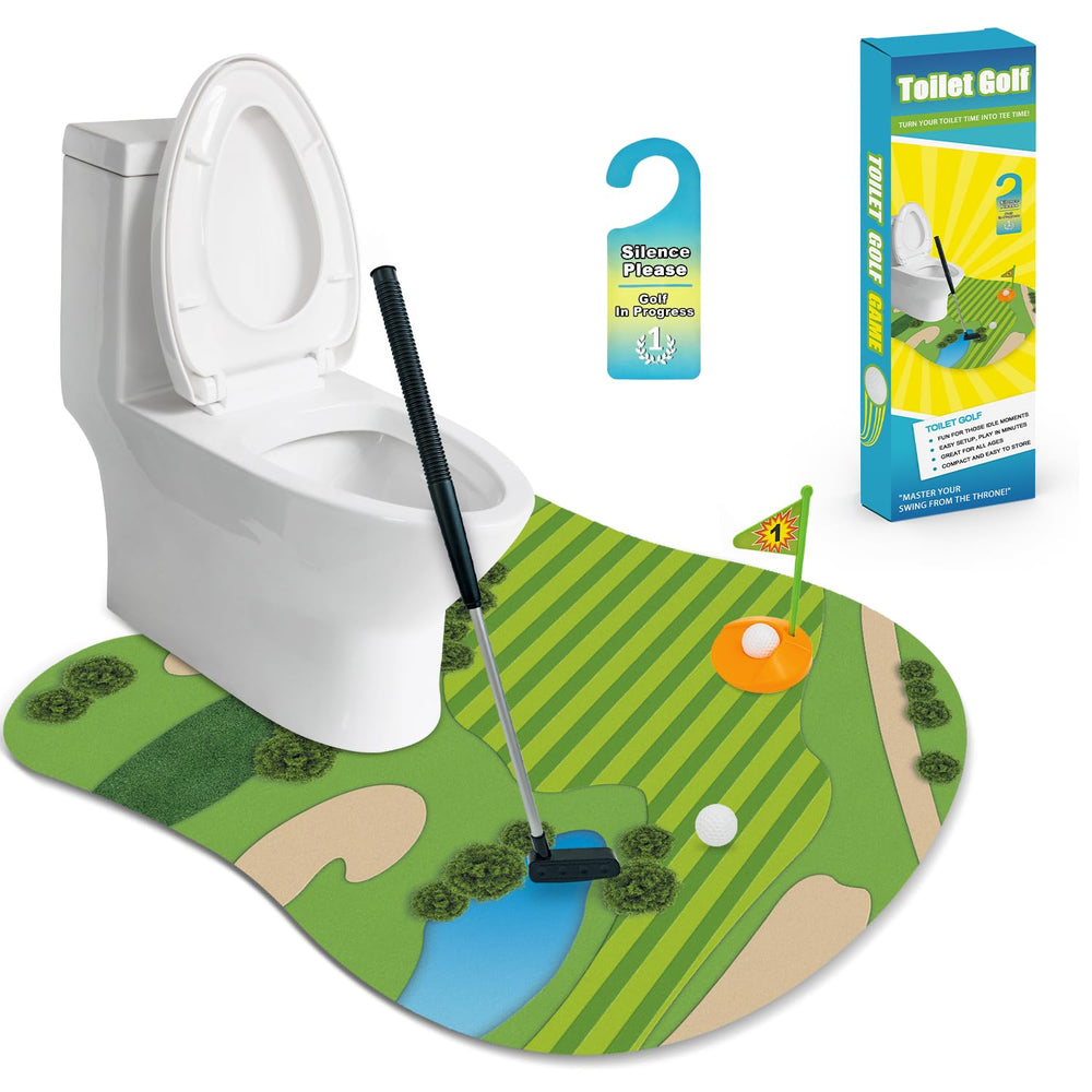Wondrus toilet golf full set on bathroom counter for laughs