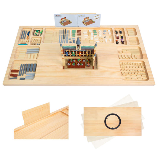 WOOD CITY baseplate table with 11-tray storage for organized Lego projects.