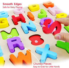 WOOD CITY Alphabet puzzle board invites children to place letters for word-building practice