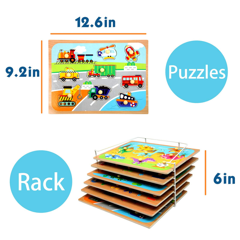 Wood City puzzles offer large, safe knobs designed for ages two and up.