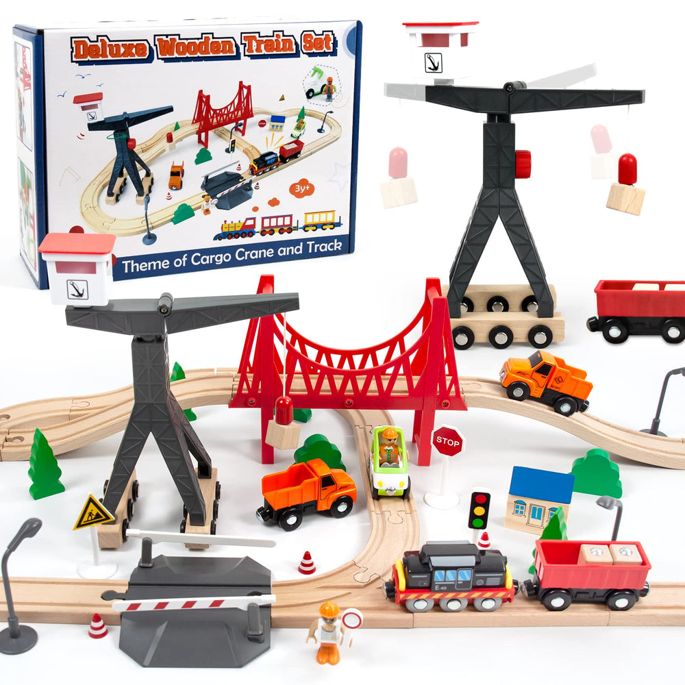 WOOD CITY Wooden Train Set tower crane enhances cargo play for budding engineers.