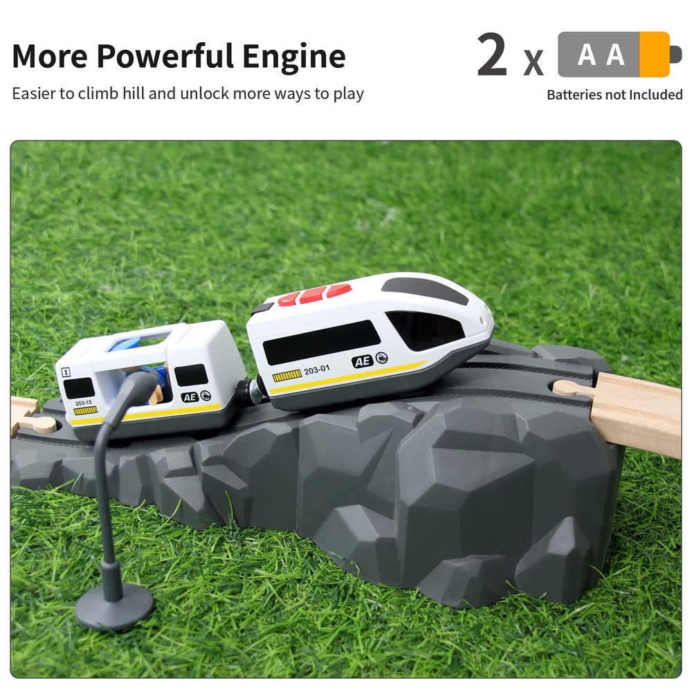 WOOD CITY two-AA battery-powered engine delivers longer playtime.
