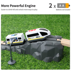 WOOD CITY two-AA battery-powered engine delivers longer playtime.