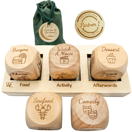 Wood Enchantments Deluxe Date Night Dice Set laid out for cozy date ideas