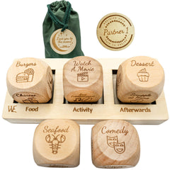 Wood Enchantments Deluxe Date Night Dice Set laid out for cozy date ideas