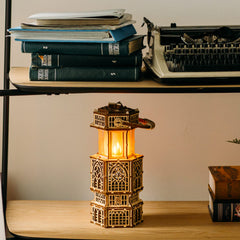 Wood Trick antique lantern lit in white mode for steady illumination