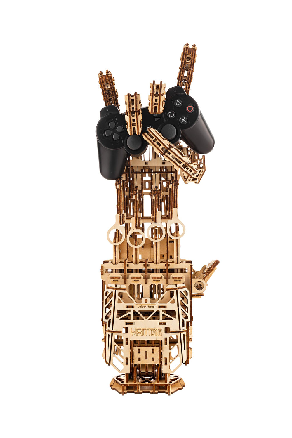 Wood Trick Cyber Hand sits on a desk as a unique mechanical display piece