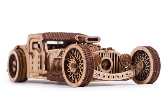 Wood Trick Hot Rod assembled model showing a detailed wooden car for display.