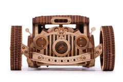 Wood Trick Hot Rod natural wood kit emphasizing glue-free assembly and durability.