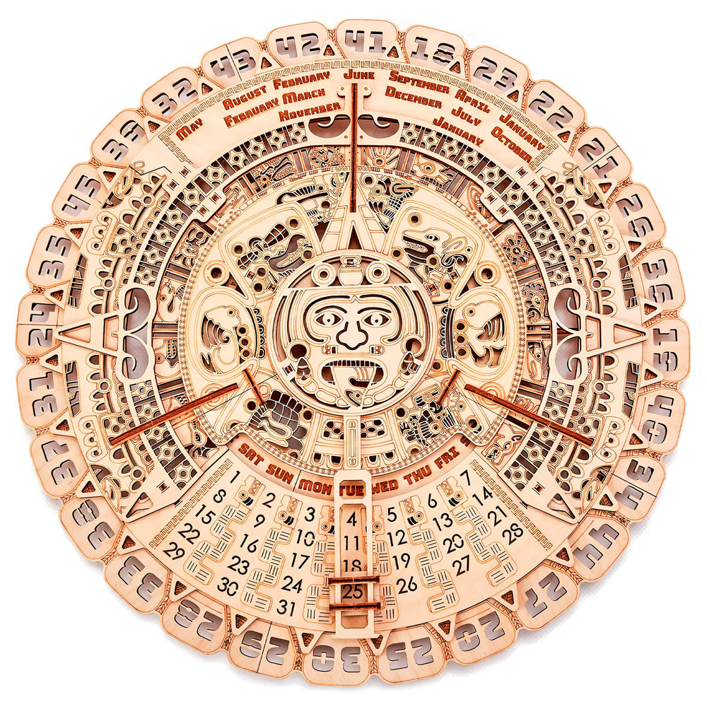 Wood Trick Mayan calendar wall-assembly shows a durable wooden model kit for stylish home display.