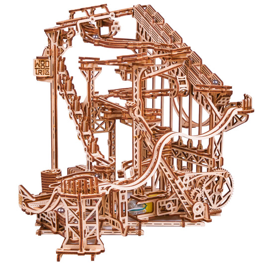Wood Trick spiral marble run shows continuous motion for puzzle lovers