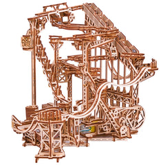 Wood Trick spiral marble run shows continuous motion for puzzle lovers