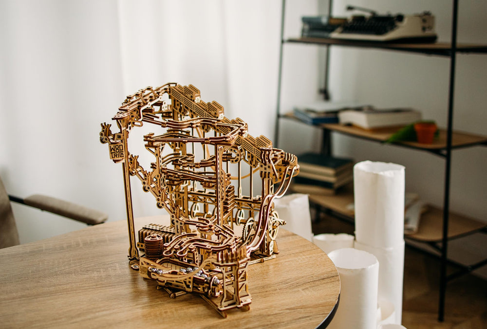 Wood Trick three-track layout offers varied paths for marble racing