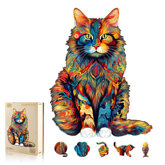 WOODBESTS Maine Coon puzzle front view—vibrant color-splashed art for relaxing evenings