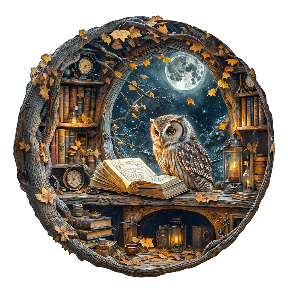 WOODBESTS Moonlit Owl puzzle in hollow library invites calm focus